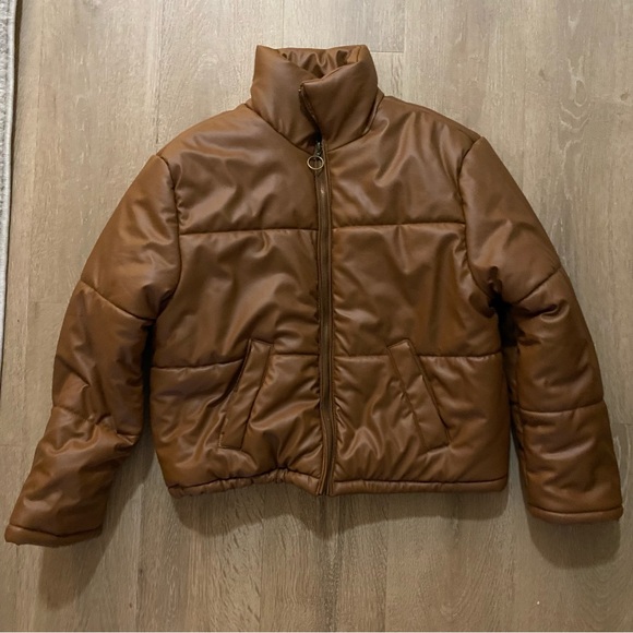Miss Selfie Brown Faux Leather Puffer Jacket in Size Medium - Picture 1 of 7